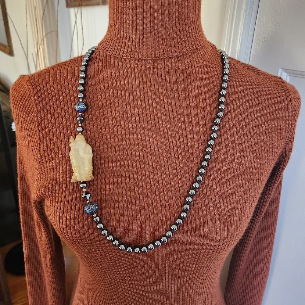 Vintage Hematite, Cloisonné Beaded Necklace with Jade Figurine 33”